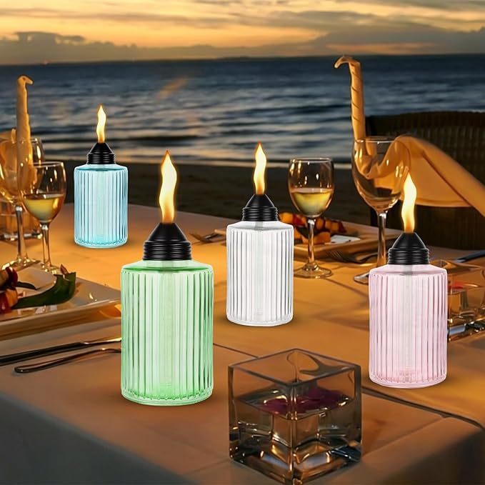 4 Pack Glass Table Top Torches, 12oz Citronella Outdoor Torches Flame Light Torch with Wick & Cap, Multicolor Refillable Flame Landscape Lanterns for Patio Yard Garden Party Decor