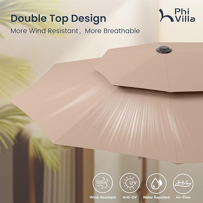 PHI VILLA 13ft Outdoor Patio Umbrellas with Base Included, 2-Tier Double-Sided Outdoor Rectangular Sun Umbrella for Outside, Beige