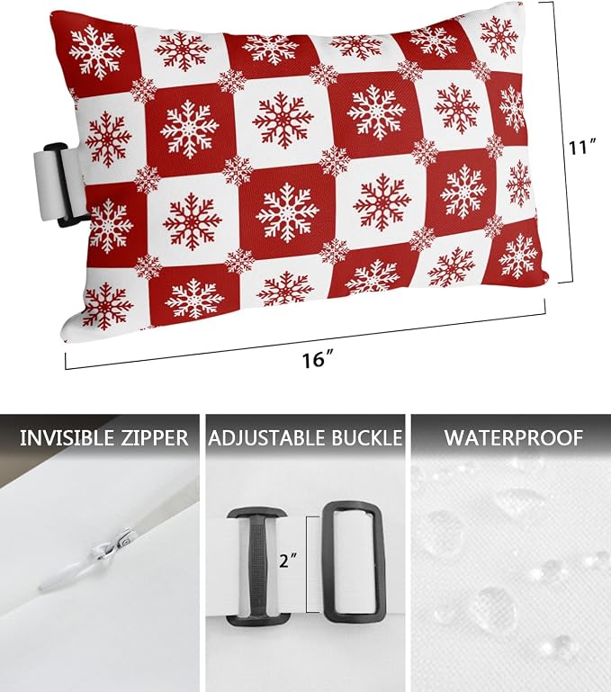 Outdoor Pillows Covers with Inserts Christmas Snowflake Red Plaid Waterproof Recliner Pillow with Adjustable Strap Throw Pillows for Patio Furniture Pool Lounge Chair, 11x16 inch, 1PCS
