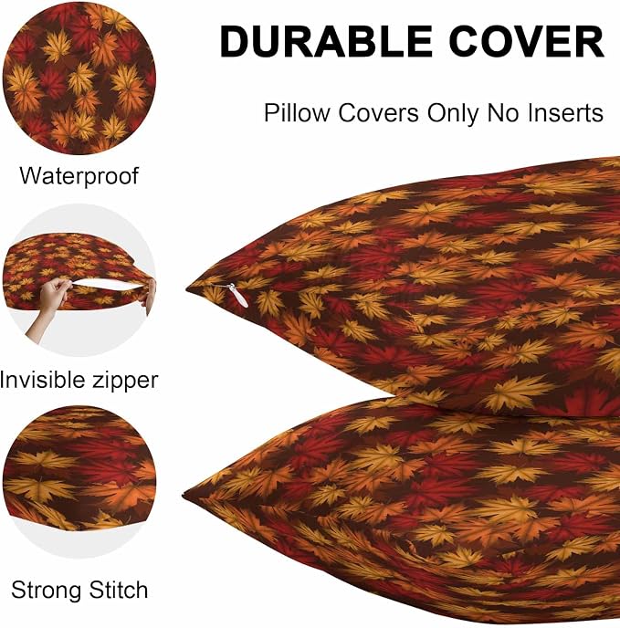 Brown Thanksgiving Outdoor Waterproof Pillow Covers, Fall Maple Leaves Farmhouse Vintage Decorative Square Throw Pillowcase Sofa Cushion Sham for Patio/Couch/Chair, 18"x18" 2 Pack