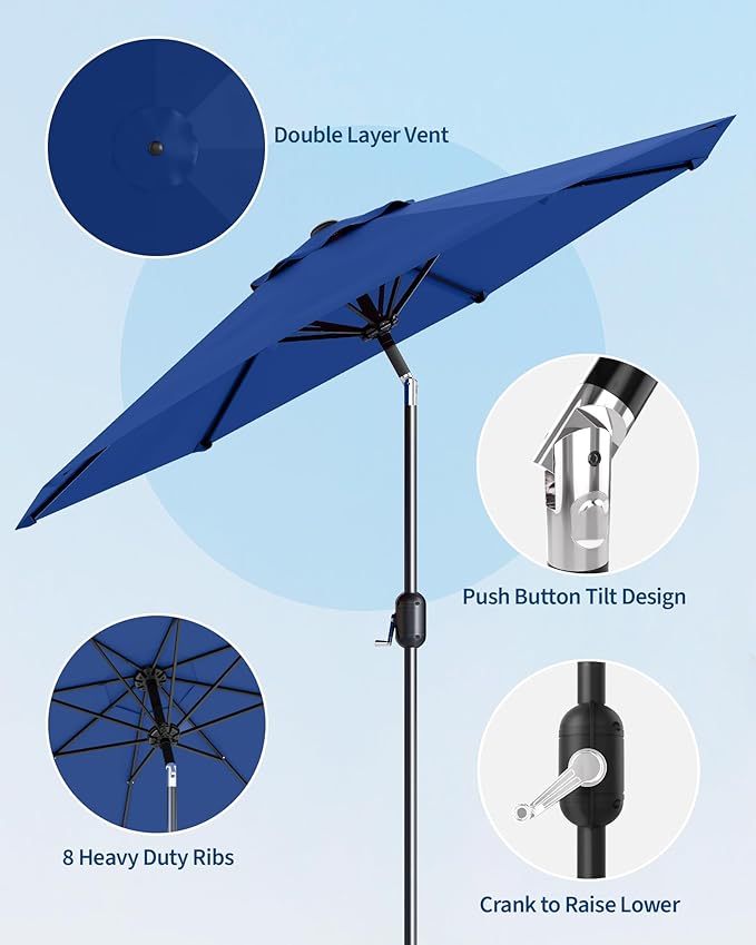 GarveeLife 10 ft Patio Umbrella, Outdoor Table Market Umbrella with Push Button Tilt and Crank, 8 Sturdy Ribs UV Protection Waterproof for Garden, Deck, Backyard, Pool (Navy Blue)