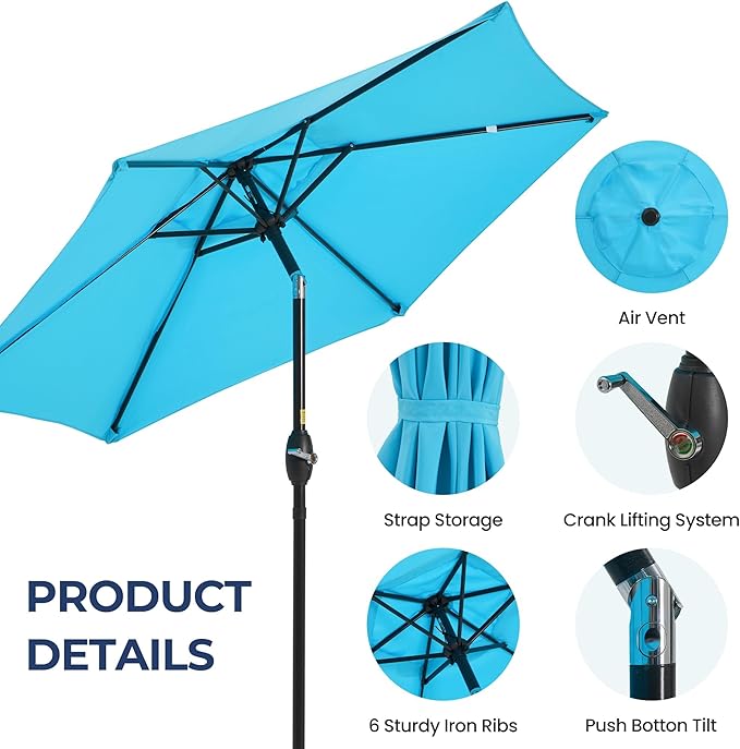 Wisteria Lane Outdoor Patio Umbrella, 7.5' Patio Umbrella, Market Umbrella, Large Outdoor Umbrella, Metal Pole Umbrella with Push Button Tilt and Crank, Polyester Canopy