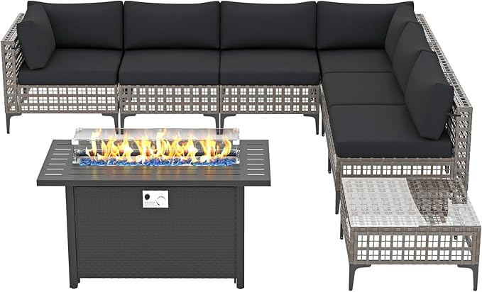 Patiorama 8 Piece Wicker Patio Furniture Set with 45” Fire Pit Table, Metal-Colored PE Rattan Outdoor Sectional Sofa, 50000 BTU Propane Fire Pit w/Wind Guard,Cover,Water Resistant Cushion-Black
