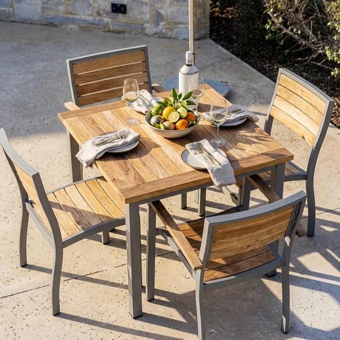 Hives & Honey Catalina Square Outdoor Dining Table, Grade-A Teak Wood Patio Table with Aluminum Base, 35.4", Seats 2–4, Grey