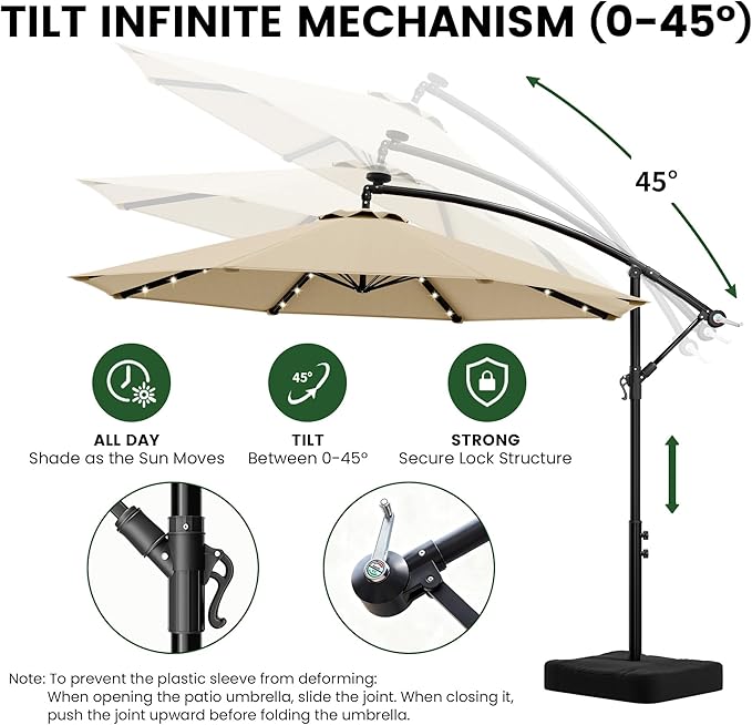 OLILAWN 10 feet Solar LED Patio Umbrella with Base, 32 LED Lighted Outdoor Offset Cantilever Umbrella with Sturdy 8 Rids, Infinite Tilt, 360 Degree Rotation, for Pool Deck Porch Backyard Garden, Isabelline