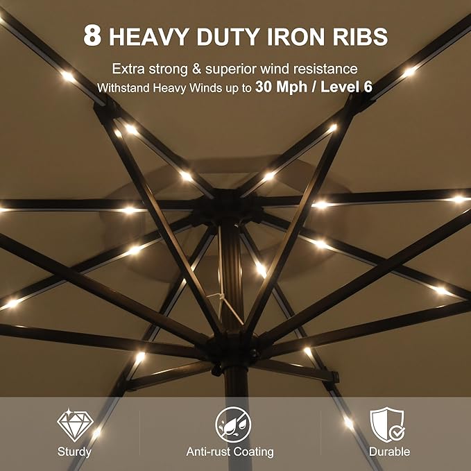 PURPLE LEAF 7.5' Round Patio Umbrella with Solar LED Outdoor Table Umbrella Aluminum Frame Market Umbrella with 8 Sturdy Ribs & Tilt for Garden Deck Lawn Pool Beige