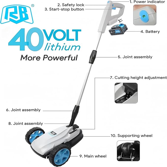 RB 40V 9" Mini Cordless Lawn Mower with Battery & Charger for Small Yards | Ultra-light with brushless motor. 3 cutting heights. One-hand steering. Upright storage for tiny spaces, small lawns, patios.