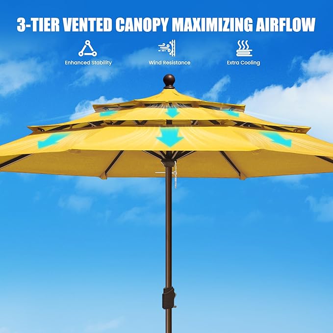 EliteShade USA 10-Year-Non-Fading 11ft 3-Tier Market Patio Umbrella, Commercial Grade Outdoor Table Umbrella with Crank Open, Windproof & UPF 50+ UV Protection, Heavy Duty Ventilation for Garden, Deck, Pool, Backyard, Beach & Bistro, No Tilt, Sunflower...