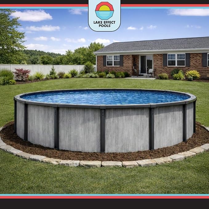 Lake Effect Pools 'Lanai' 30 ft Round Above Ground Swimming Pool | 52 Inch Resin Protected Steel Sided Walls | Bundle Includes: 25 Gauge Overlap Liner & Widemouth Skimmer