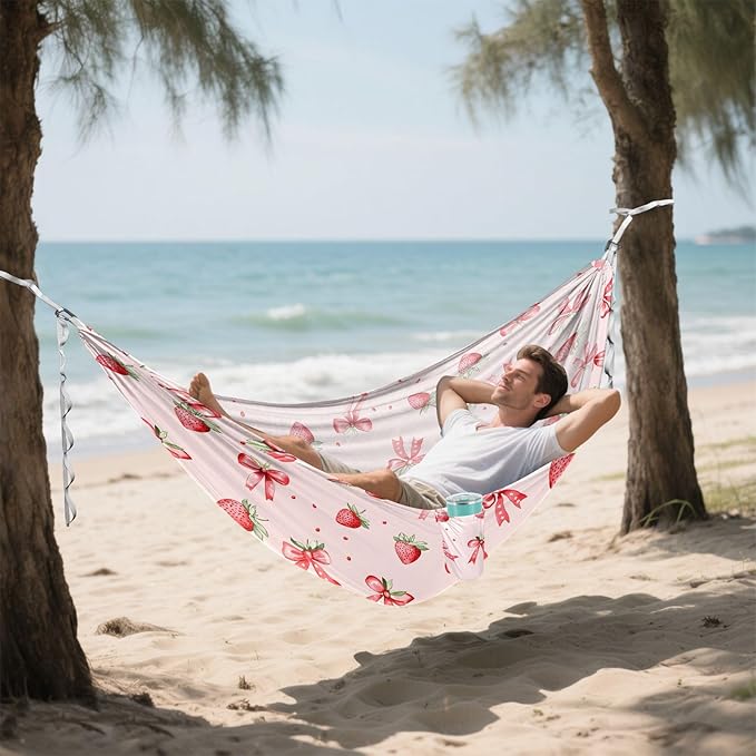 Camping Hammock Outdoor Hammocks for Outside Strawberry Bows Cute Beach Trees Portable Lightweight with Pockets Tree Straps Indoor Small