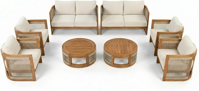 Christopher Knight Home Nesbit 8-Seater Patio Furniture Set with Removable Cushion, 8 Piece Outdoor Acacia Wood Conversation Set, Wooden Outdoor Sectional Sofa Set with Coffee Table, Beige