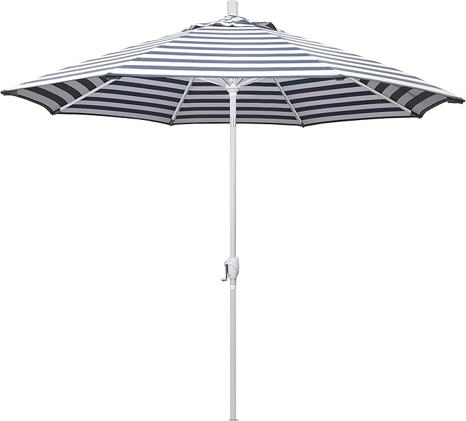 California Umbrella 9' Round Aluminum Market Umbrella, Crank Lift, Push Button Tilt, White Pole, Navy/White Olefin