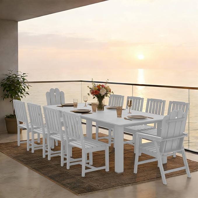 11-Piece Patio Dining Set, Outdoor Dining Set for 10, HDPE All-Weather Outdoor Furniture with 89.57” Umbrella Hole Table, 2 Armchairs & 8 Armless Chairs, White