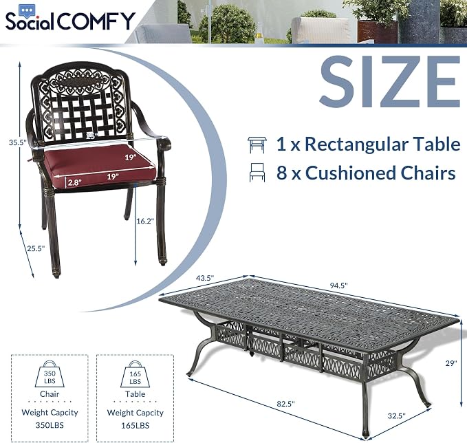 9-Piece Patio Cast Aluminum Dining Set, Outdoor Table and Chairs Set for 8, Includes 94.5" Rectangular Dining Table and 8 Cushioned Chairs with Umbrella Hole for Backyard Lawn Garden, Red