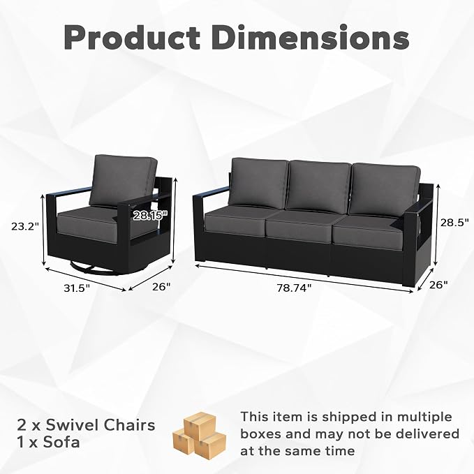 Outdoor Aluminum Furniture Set, 3-Piece Patio Conversation Set, 2 Swivel Chairs and 1 Sofa, All-Weather Metal Frame, 6" Thick Removable Cushions, Deep Setting for Garden, Poolside and Porch