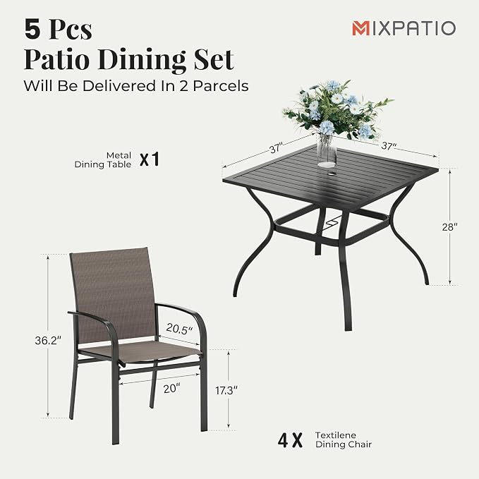 MIXPATIO 5 Pieces Patio Table and Chairs Set, 4 Person Outdoor Dining Furniture Set, 4 Brown Textilene Chairs and 37" Square Metal Table with Umbrella Hole, for Deck Backyard Lawn