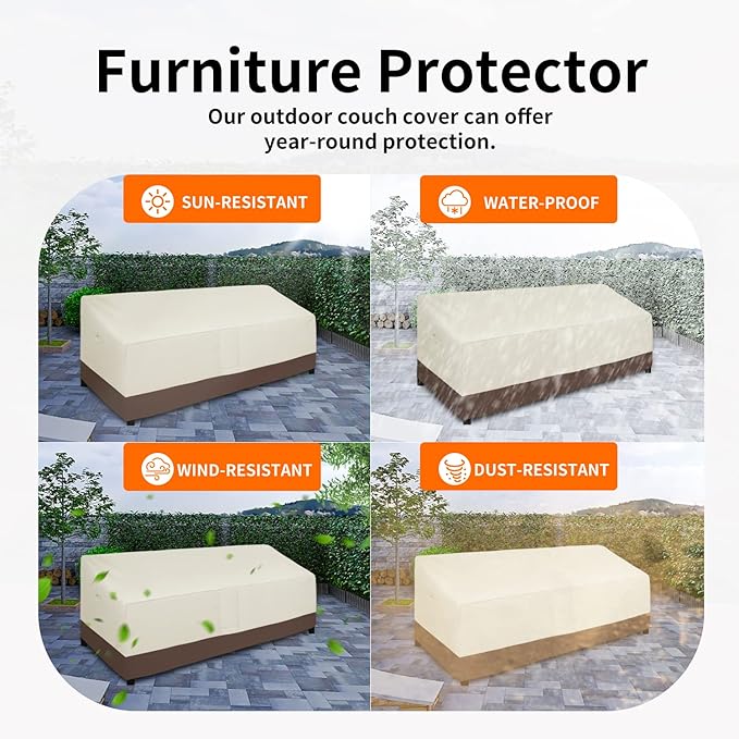 Easy-Going Waterproof Outdoor Couch Cover, Heavy Duty 3-Seater Patio Sofa Cover, Winchdproof Outdoor Furniture Cover with Air Vent (104Wx32.5Dx33H inch, Beige/Dark Brown)