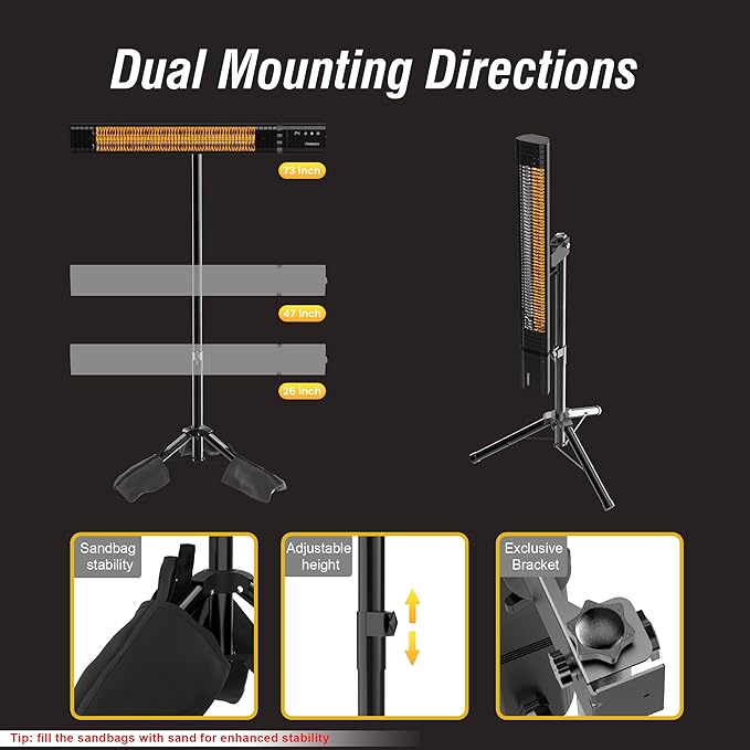PowerScale Outdoor Heaters for Patio Electric with Tripod Stand, 1500W Infrared Electric Patio Heater, IP65 Rated, 4 Heat Levels & 24H Timer with Remote, For Covered Outdoor/Indoor & Spot Heating