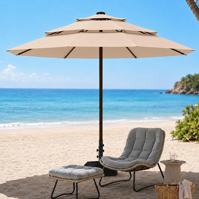 10ft Patio Umbrella, 3-Tier Vented Outdoor Table Umbrella with 8 Sturdy Fiberglass Ribs, Windproof Market Umbrella with Push Button Tilt and Crank, UV Protection for Deck, Pool, Beige