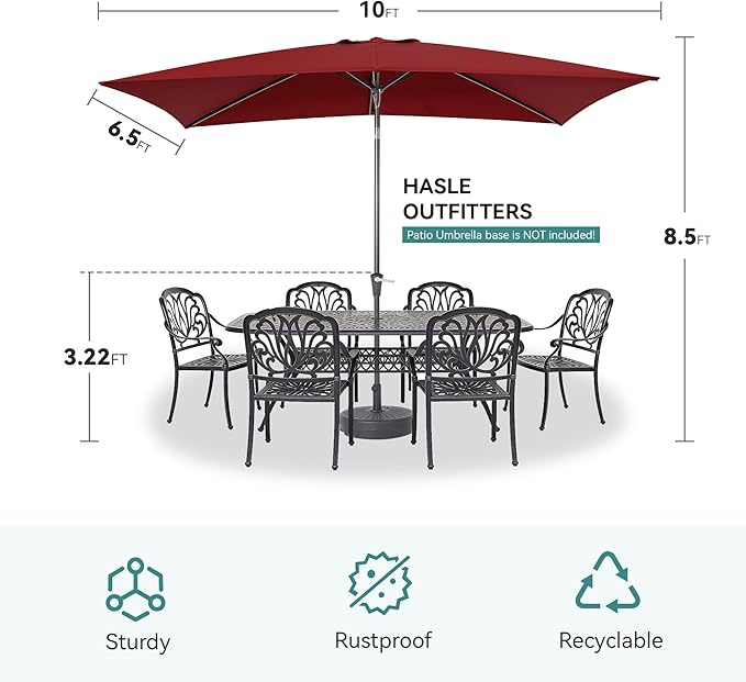 HASLE OUTFITTERS 6.5 x 10 ft Rectangular Patio Umbrella, Outdoor Table Umbrella with Crank & Push Button Tilt, Heavy Duty Ribs, for Patio, Backyard, Garden & Deck, Wine Red