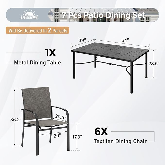 SUNSHINE VALLEY Patio Dining Set for 6, 64" Rectangular Metal Dining Table with Umbrella Hole and 6 Chairs, Outdoor Table and Chairs Set for Lawn Garden Backyard and Deck, Brown