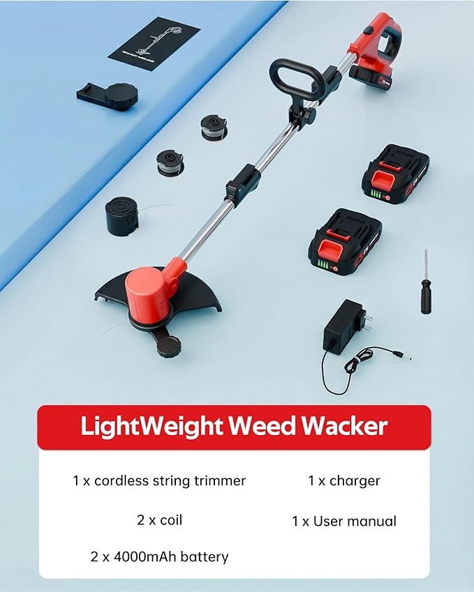 Cordless Weed Wacker 21V, Electric Weed Eater Battery Powered with Wheels & Brush Cutter, Auto Feed String Trimmer & Lawn Edger, Includes 2x2.0Ah Batteries & Charger, Lightweight for Garden Yard