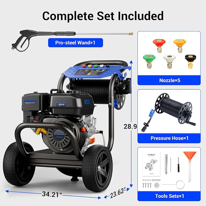 Gas Pressure Washer 3600 PSI 2.3 GPM, 212cc Gas Powered Pressure Washer with Soap Tank, 30 FT Hose & 5 Nozzles, Heavy Duty Power Washer for Driveways, Patios, Cars, RVs & Commercial Cleaning