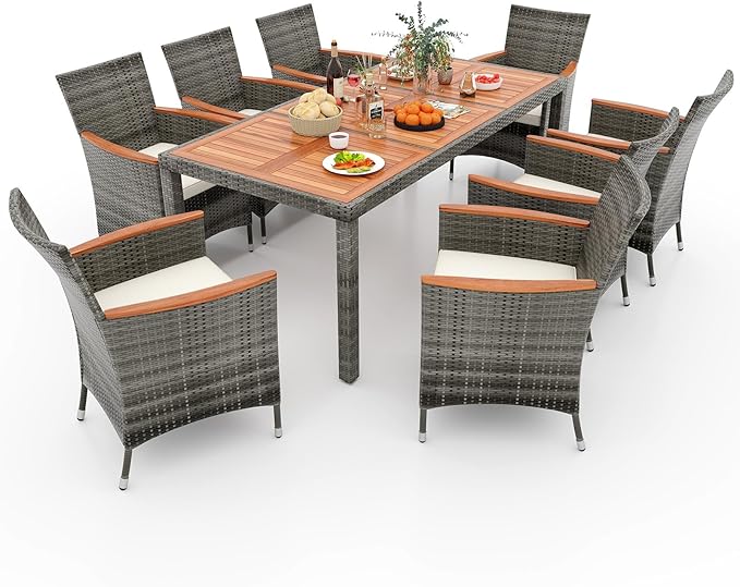 KOTEK 9 Piece Outdoor Dining Set, Wicker Patio Dining Set for 8 with Acacia Wood Table & Chairs, 1.96'' Umbrella Hole, Patio Table and Chairs Set for Backyard, Deck, Garden (Mix Grey)