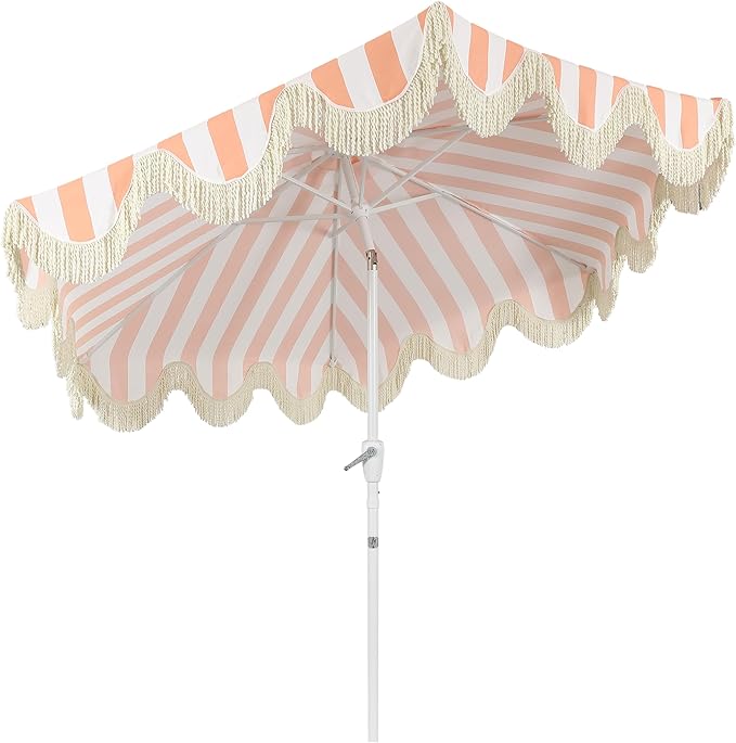 JONATHAN Y UMB1001 Collins 9 ft. Classic Cottage Tassel Market Patio Umbrella with Auto-Tilt, Crank, Wind Vent and UV Protection