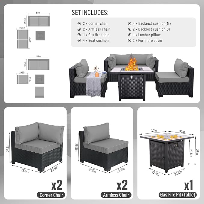 WAROOM Outdoor 5 Piece Patio Furniture Set, Black Rattan Conversation Couch Resin Wicker Sectional Sofa Outside Chair with Propane Fire Pit Table, Grey Cushion