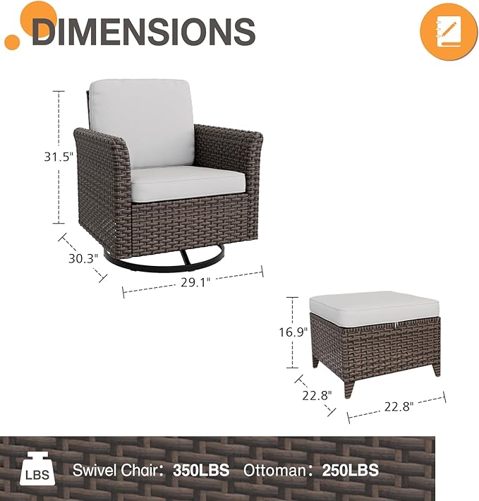 COOS BAY Harbor Retreat 4 Piece Outdoor Furniture Set, Patio Conversation Set with Swivel Rocking Chairs and Ottomans, Wicker Furniture, Brown/Beige
