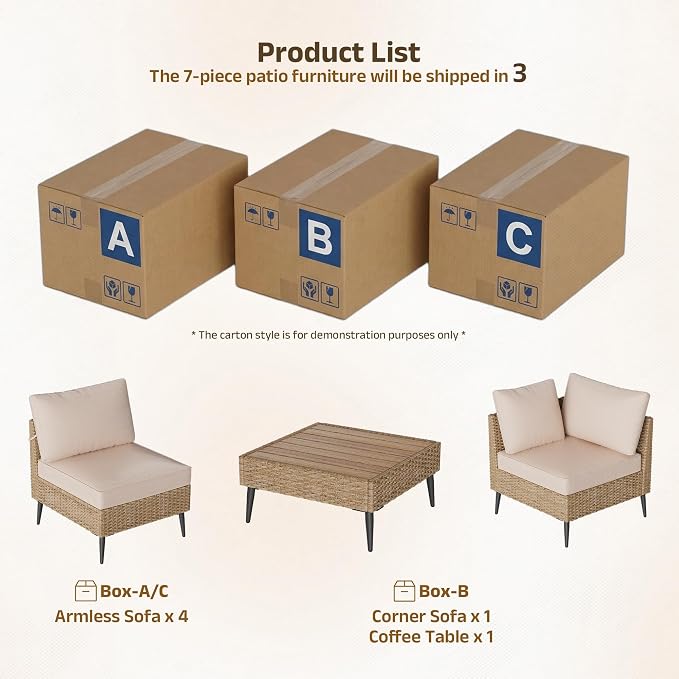 Outdoor Patio Furniture Sets,7 Pieces Outdoor Sectional Sofa PE Rattan Patio Conversation Sets with Composite Wood Coffee Table Resistant Thick Cushions Outdoor Sectional Furniture (Khaki)