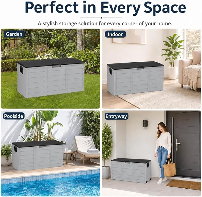 Deck Boxes 75 Gallon Resin Outdoor Storage Box Lockable Plastic Storage Containers with Lid and Wheels Waterproof Organization for Cushions Garden Tools Pool Toys Backyard Balcony Yard Patio Furniture