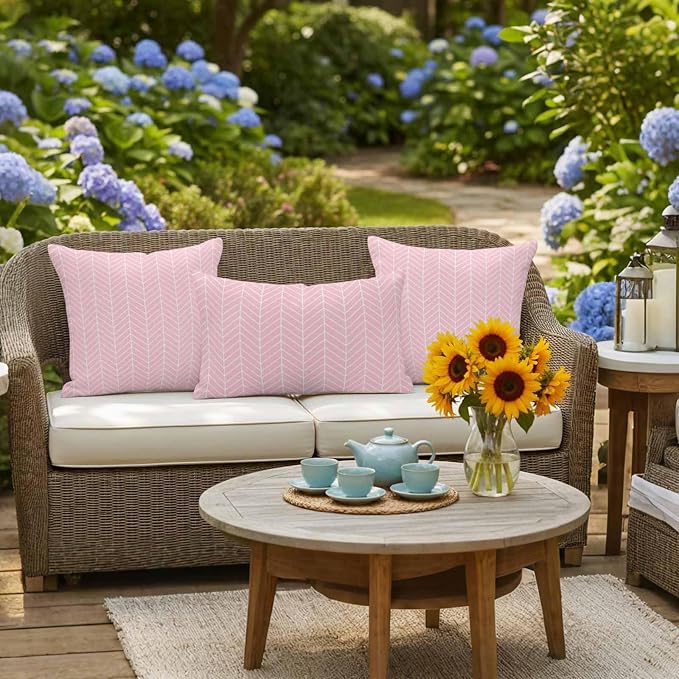 Outdoor Waterproof Throw Pillow Covers Set of 2 Pink Chevron Stripes Pillowcases 16x16 Inches Modern Geometric Texture Decorative Pillows Cushion Case Patio Pillows for Couch Bed Chair Garden