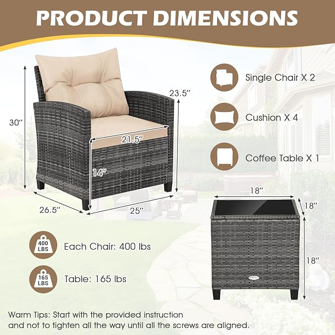 ORALNER 3 Pieces Patio Furniture, Outdoor Wicker Conversation Set Chairs with Soft Cushions and Glass Coffee Table, Mix Gray Rattan Bistro Set for Balcony Garden Deck Front Porch Poolside (Beige)