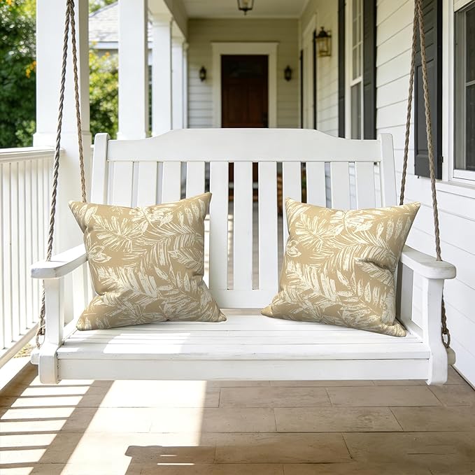LVTXIII Outdoor Throw Pillows 16x16 Inch, Set of 2 Square Decorative Pillows with Inserts for Patio Furniture, Porch Chair, Sofa Accent, Tropical Leaf Oat
