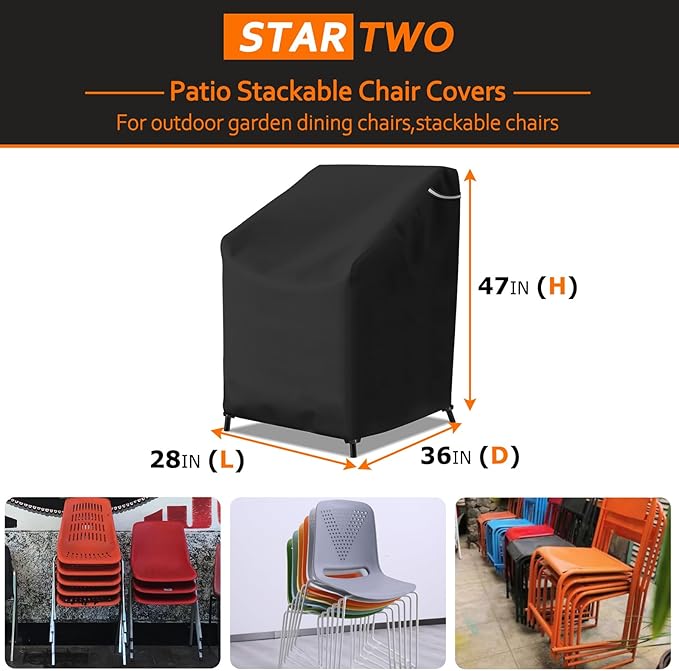 STARTWO Stackable Patio Outdoor Chair Covers,Waterproof Heavy Duty Lawn Furniture Cover for 4-6 Stacking Dining Chairs, 28"Wx36"Dx47"H,Black