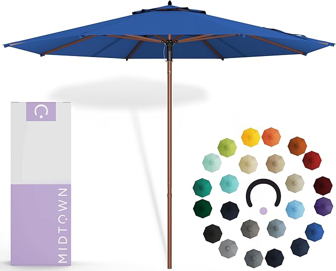 Midtown Umbrellas The Wooden 9 Feet Patio Umbrella With Sunbrella Dark Blue Acrylic Fabric - Aluminum Frame Market Umbrella For Backyard, Deck, Garden, Pool - Wooden Pole