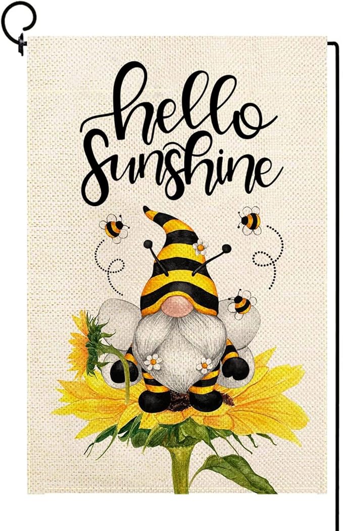 Baccessor Hello Sunshine Spring Garden Flag Sunflower Gnome Bee Funny Flag 12.5 x 18 Inch Double Sided Burlap Yard Small Spring Summer Flag for Outside Decor