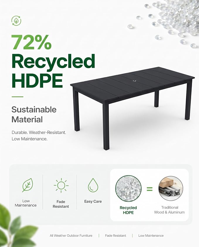 75.2" Outdoor Dining Table for 4-6 People, Patio Dining Outdoor Table with Umbrella Hole, All Weather Patio Table for Backyard, Deck and Garden, Black
