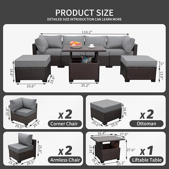 WAROOM Outdoor Patio Furniture Set 7 Pieces Wicker Sectional Sofa Brown Rattan Conversation Couch with Storage Table, Anti-Slip Thick Grey Cushion