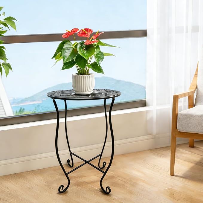 Arbuxzuy 17" Tall Round Metal Outdoor Side Tables for Patio, Decorative Black Flower Pot Stand, Rustproof Potted Holder, 120 lbs Load Capacity (4pcs)