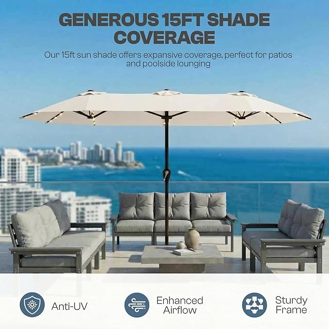 15FT Patio Umbrella with Solar Lights, Double-Sided Extra Large Outdoor Table Umbrella with Base Included, Heavy-Duty 12 Iron Ribs Market Umbrella for Garden, Pool, Backyard, Creamy White