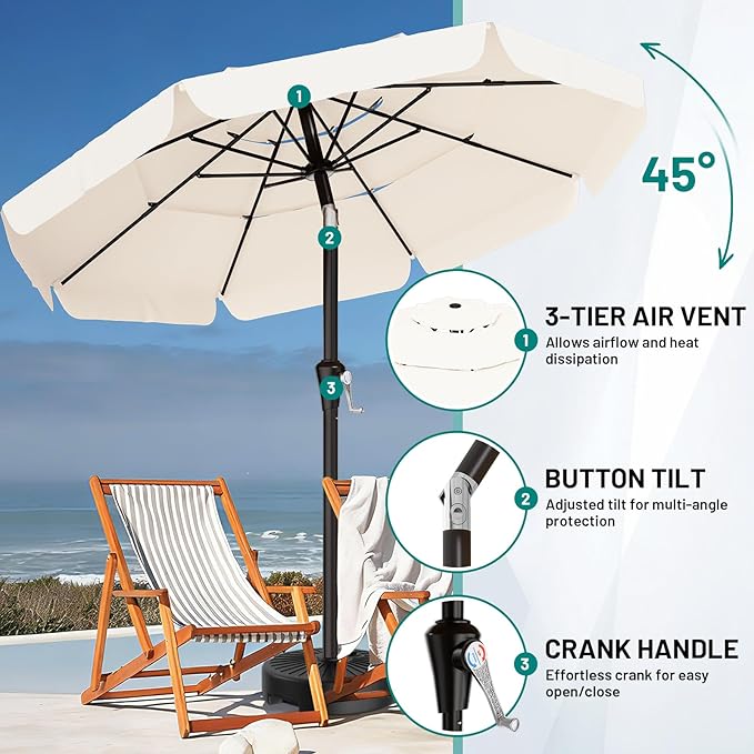 AreShark 10FT 3-Tiers Patio Umbrella with Valance, Outdoor Umbrellas with Crank/Tilt, Table Market Umbrella Vented w/ 8 Sturdy Ribs for Garden, Deck, Backyard, and Pool, Cream White