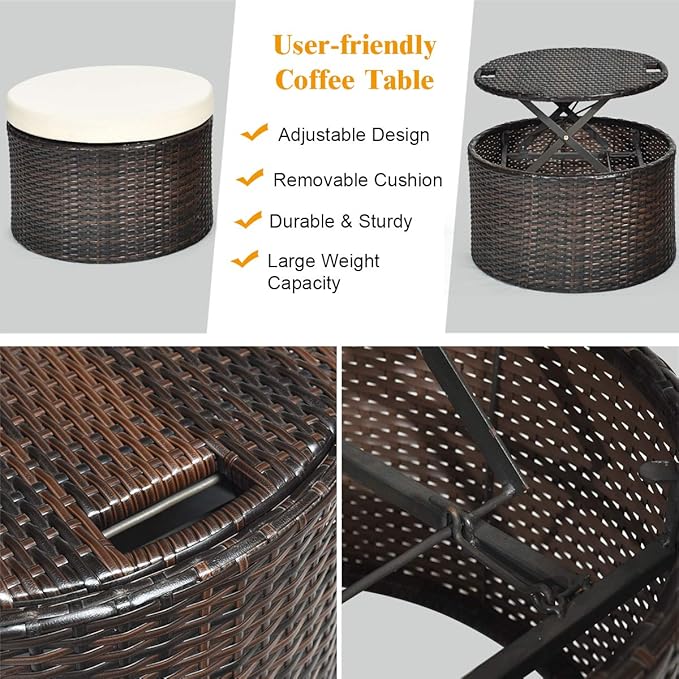 Tangkula Patio Round Daybed with Retractable Canopy, Outdoor Wicker Rattan Furniture Sets, Sectional Sofa Set w/Height Adjustable Coffee Table, Rattan Conversation Sets