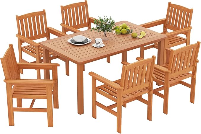 Tangkula 7-Piece Patio Wood Dining Table Set, Outdoor Rectangular Table and 6 Armchairs with 2" Umbrella Hole, Outside Furniture Set for Backyard, Poolside, Garden and Lawn