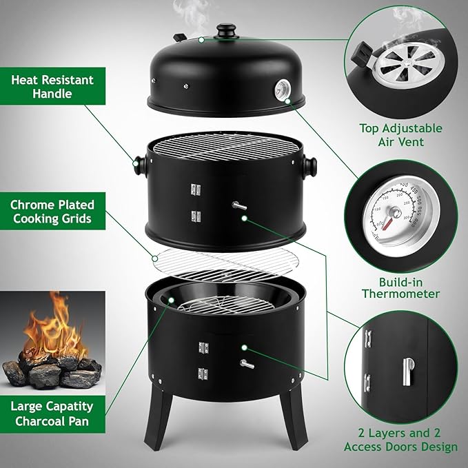 18 Inch Multi-Layer Charcoal BBQ Smoker Grill, Heavy Duty Round Grill, Vertical Smoker with Thermometer, for Outdoor Cooking, Patio, Parties, Backyard