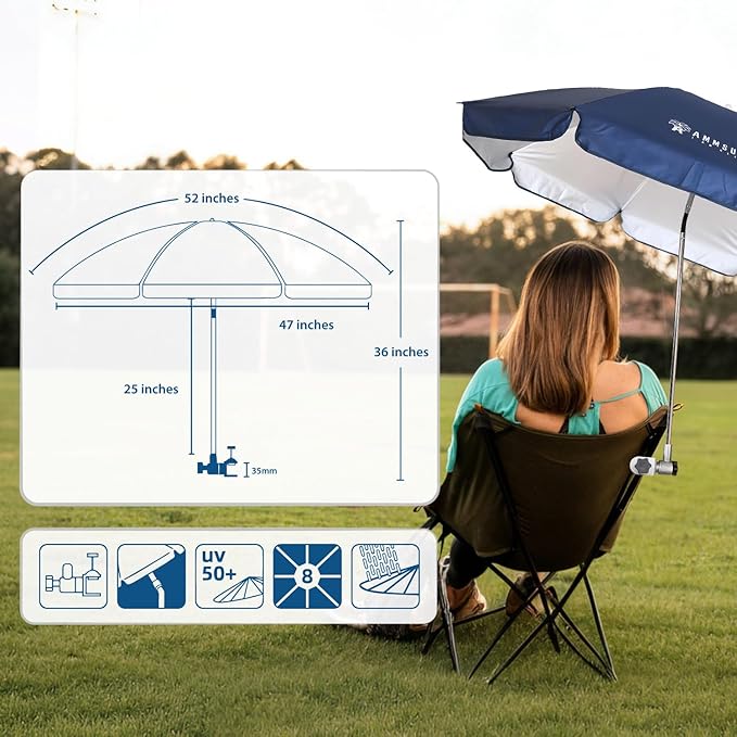 AMMSUN Chair Umbrella with Universal Clamp Adjustable 47 inches and 360° Swivel & UPF 50+ Protection Portable Sun Umbrella, Secure Clip on Camping/Beach Chairs, Stroller, Wheelchair, Golf cart, Lounger, Navy Blue, Large-sized