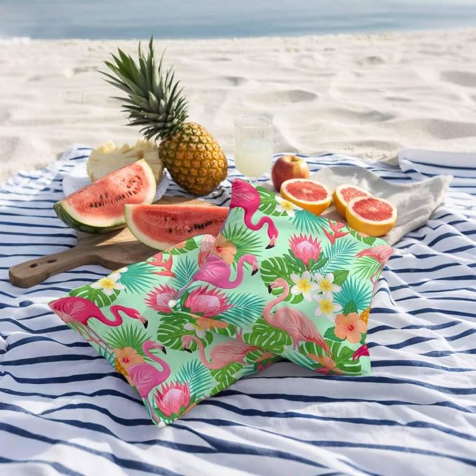 Pink Flamingos Outdoor Pillow Covers 16"x16" Set of 2, Tropical Palm Leaf Hibiscus Flower Green Plant Waterproof Throw Pillow Covers for Patio Furniture, Decorative Cushion Covers for Porch