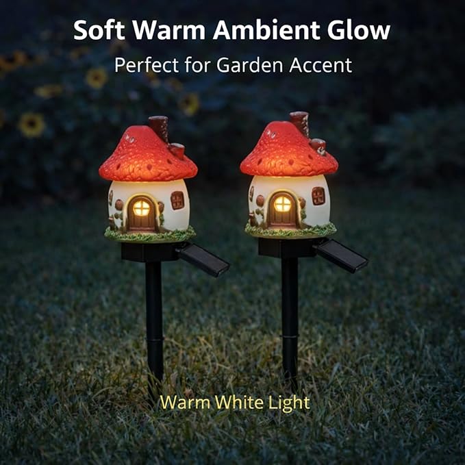 Solar Garden Lights Outdoor, 2 Pack Decorative Solar Mushroom House Pathway Lights Waterproof, Resin Fairy Garden Lights for Yard Lawn Walkway Patio Decor